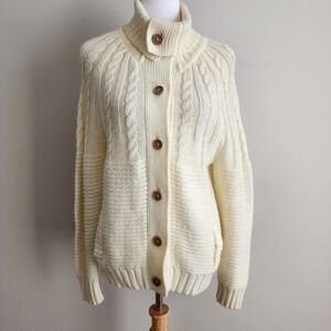 Vintage 80s Cable Knit Cardigan Sweater Womens Large Fisherman Chunky Cream Cozy